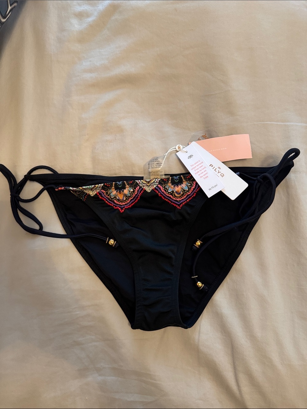 Pilyq Black Bikini Bottom with Multicolor Embroidered Accent